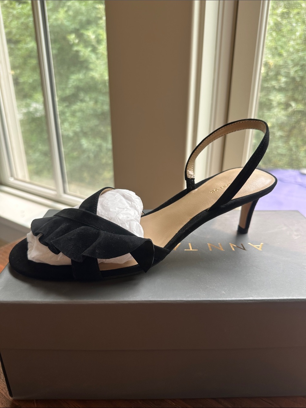 Ann Taylor Black Suede Ruffle Slingback Mid Heel